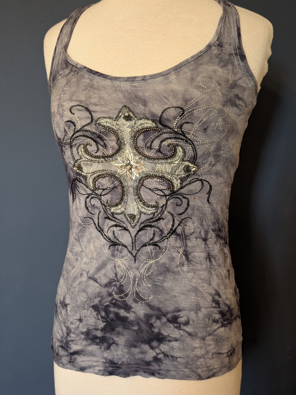 Miss Me Gray Tie-Dye Embellished Cross Tank